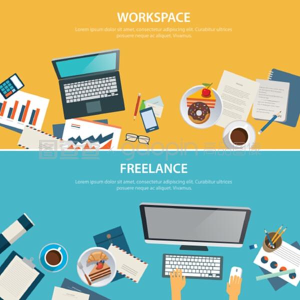 物聯網的集成與研發 工作區與自由旗幟平面設計模板的創新融合
